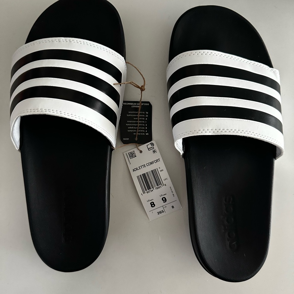 Adidas Black and White Striped Slides Adilette Comfort US Men 8/ US Women 9 - Picture 4 of 5
